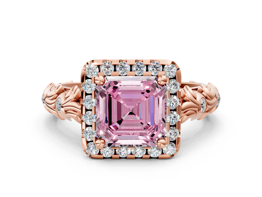 Rose gold Fancy Pink Asscher Cut Halo Diamond Solitaire with Filigree Band and Four-Prong Setting