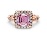 Rose gold Fancy Pink Asscher Cut Halo Diamond Solitaire with Filigree Band and Four-Prong Setting