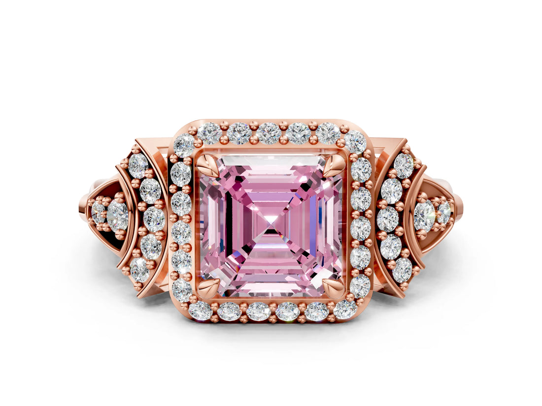 Rose gold Fancy Pink Asscher Cut Halo Diamond Split Shank Engagement Ring with Four-Prong Setting