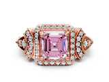 Rose gold Fancy Pink Asscher Cut Halo Diamond Split Shank Engagement Ring with Four-Prong Setting