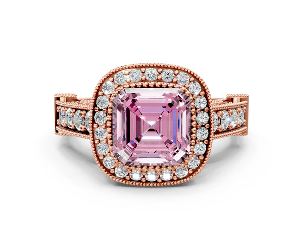 Rose Gold Asscher Cut Vintage Bezel Halo Engagement Ring Setting for Fancy Pink Center