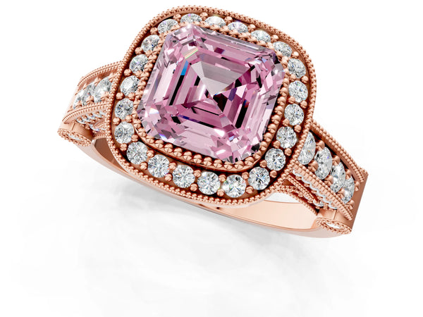Rose Gold Asscher Cut Vintage Bezel Halo Engagement Ring Setting for Fancy Pink Center