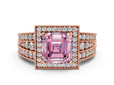 Rose gold Fancy Pink Asscher Cut Halo Diamond Split Shank Ring with Prong Setting