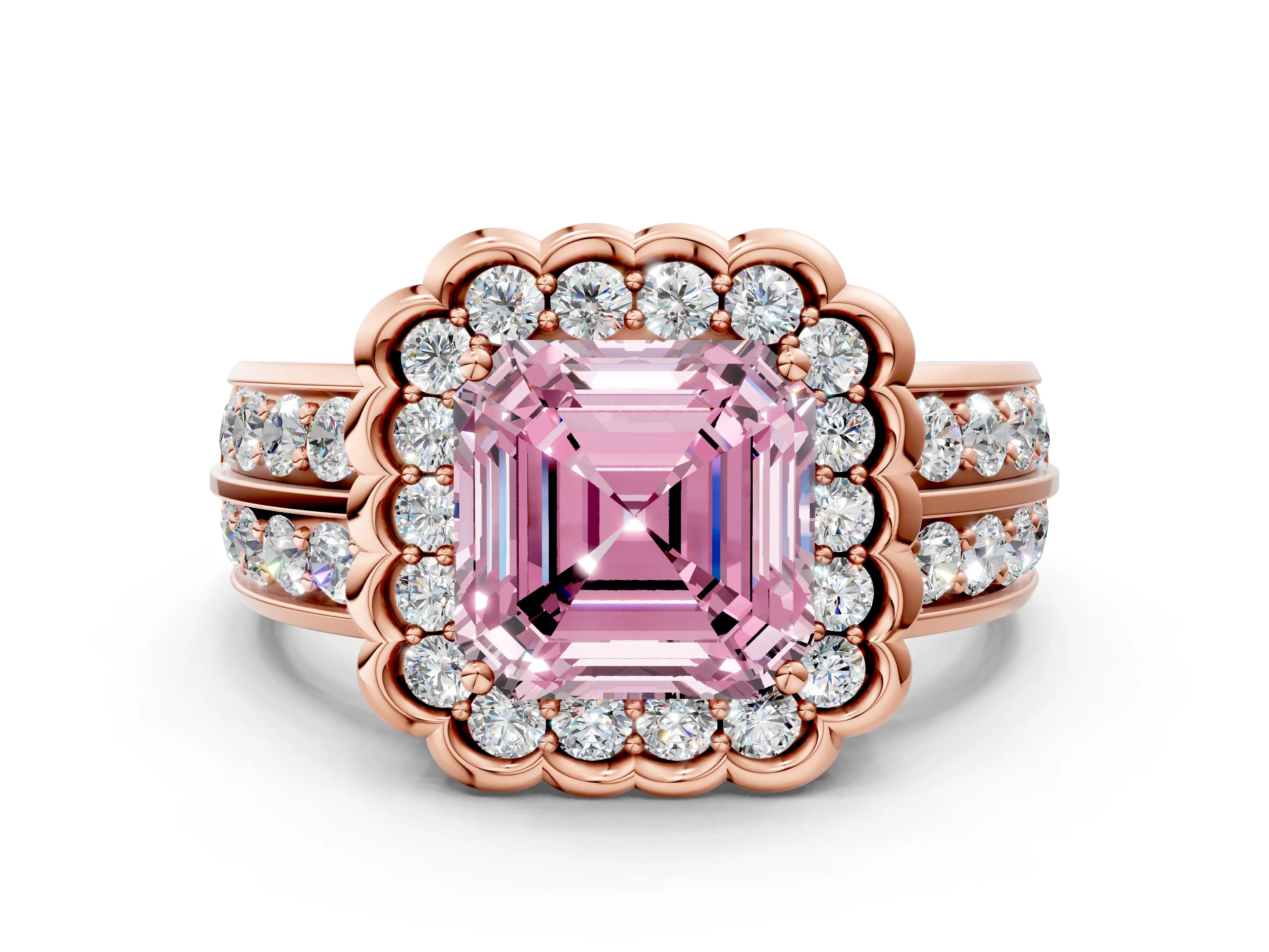 Rose gold Fancy Pink Asscher Cut Halo Diamond Split Shank Ring with Scalloped Prong Setting