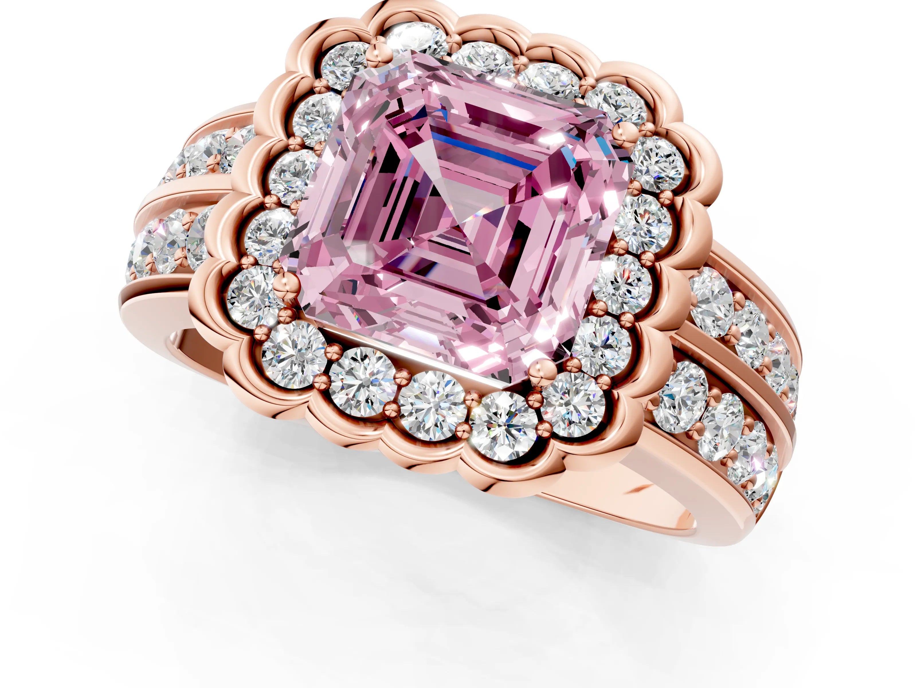 Rose gold Fancy Pink Asscher Cut Halo Diamond Split Shank Ring with Scalloped Prong Setting_1