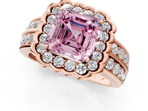 Rose gold Fancy Pink Asscher Cut Halo Diamond Split Shank Ring with Scalloped Prong Setting_1