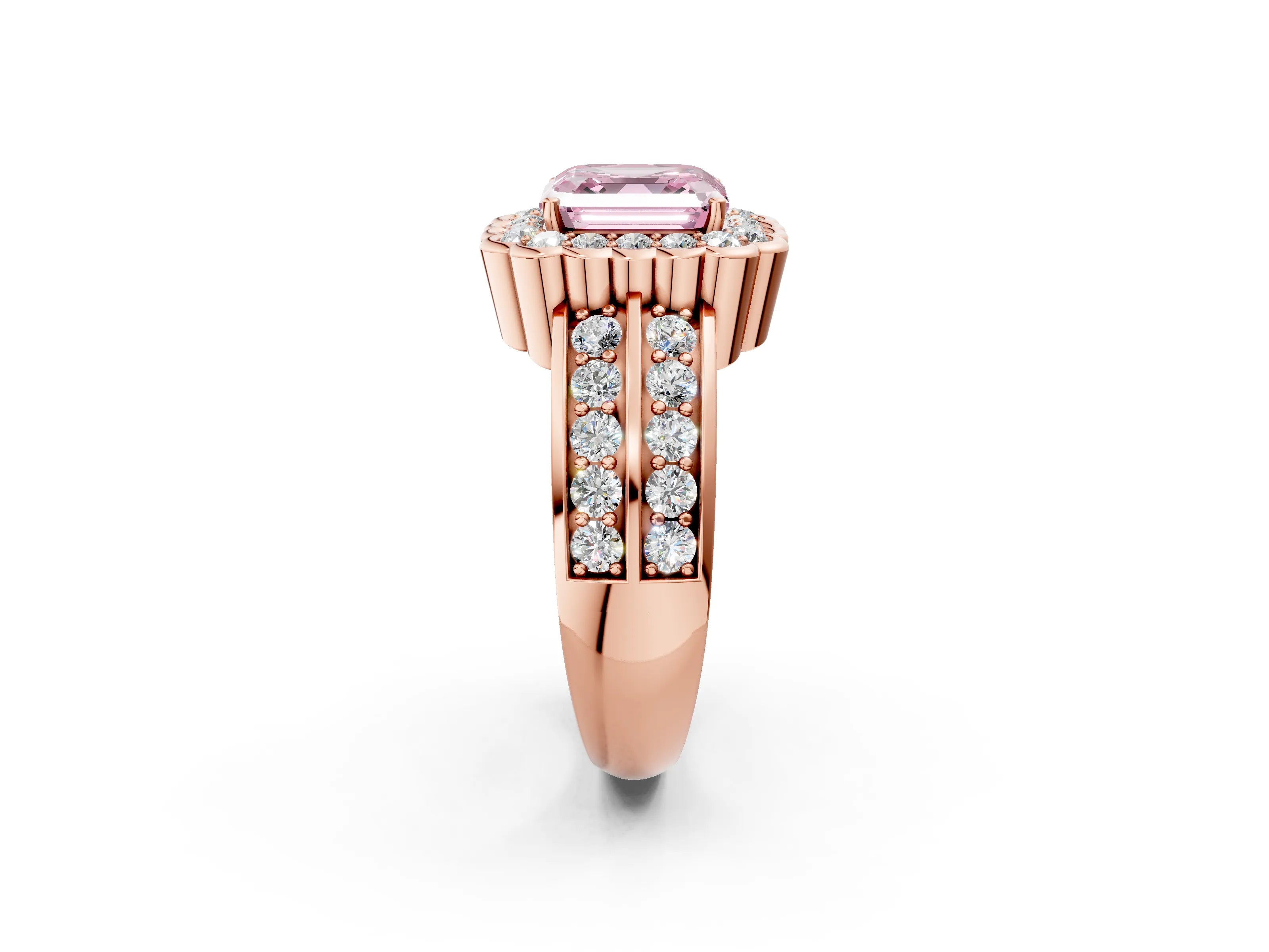 Rose gold Fancy Pink Asscher Cut Halo Diamond Split Shank Ring with Scalloped Prong Setting_2