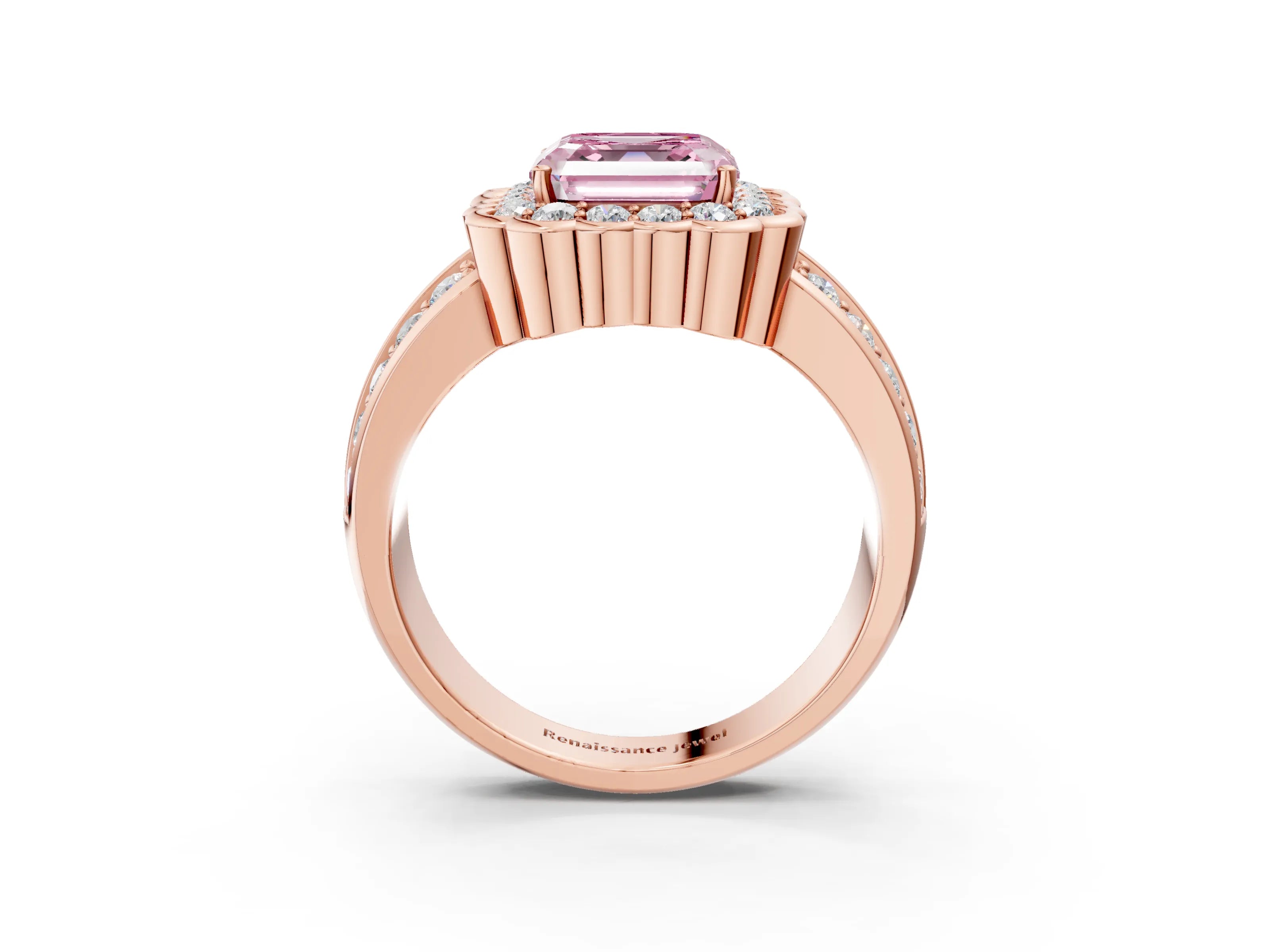 Rose gold Fancy Pink Asscher Cut Halo Diamond Split Shank Ring with Scalloped Prong Setting_3