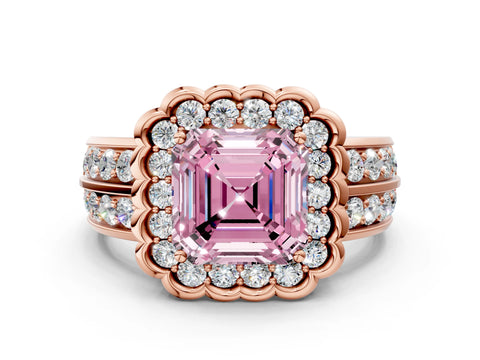 Rose gold Fancy Pink Asscher Cut Halo Diamond Split Shank Ring with Scalloped Prong Setting