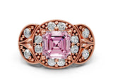 Rose gold Fancy Pink Asscher Cut Halo Milgrain Diamond Engagement Ring with Leaf Band and Four-Prong Setting