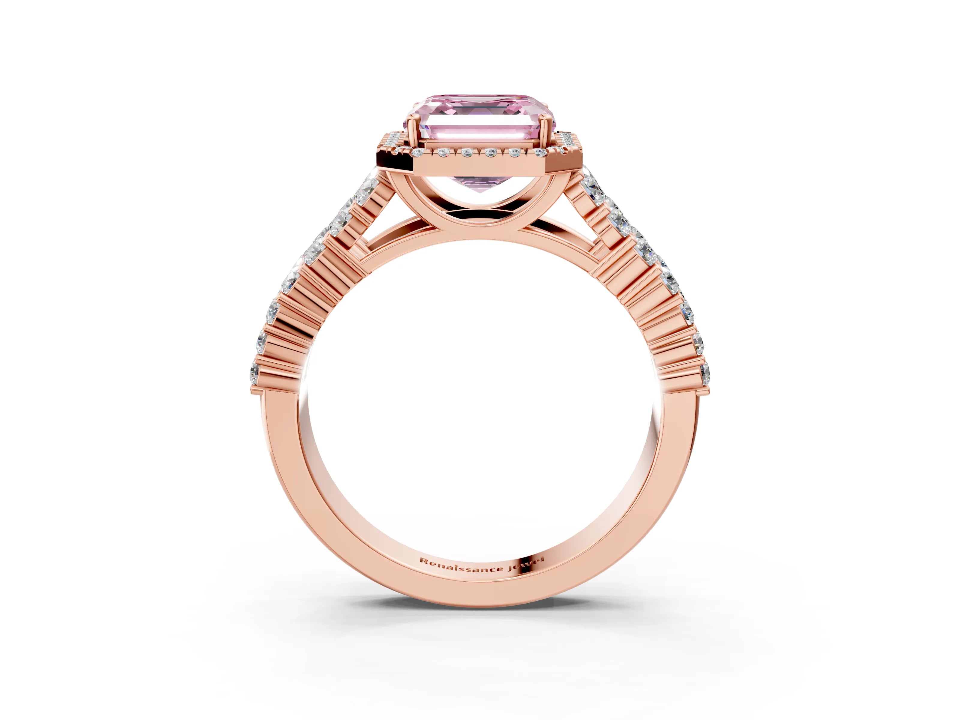 Rose gold Fancy Pink Asscher Cut Halo Pavé Diamond Engagement Ring with Split Shank and Four-Prong Setting_6