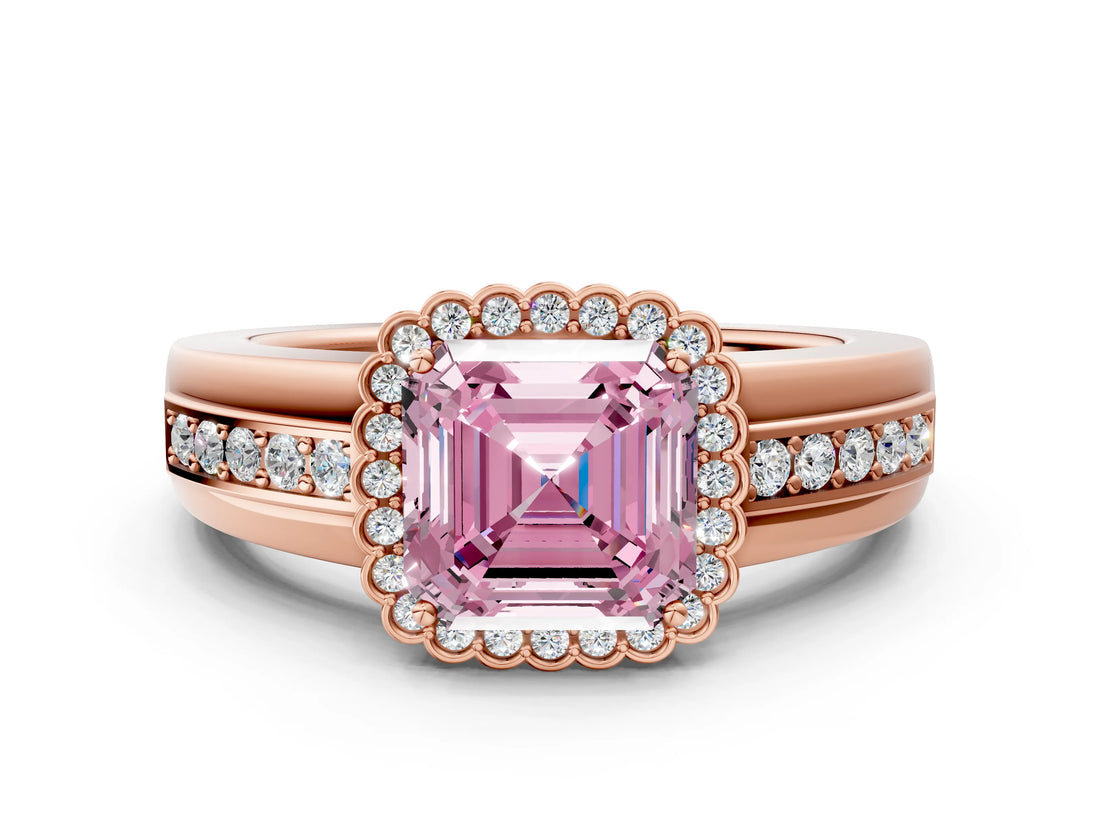Rose gold Fancy Pink Asscher  Cut Halo Pave Band Four-Prong Ring_47