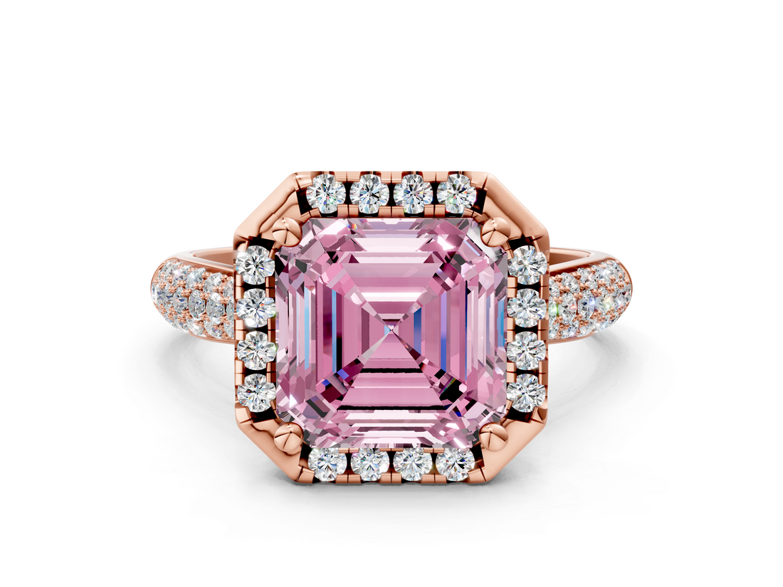 Rose gold Fancy Pink Asscher  Cut Halo Pave Band Four-Prong Setting Ring