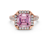 Rose gold Fancy Pink Asscher  Cut Halo Pave Band Four-Prong Setting Ring