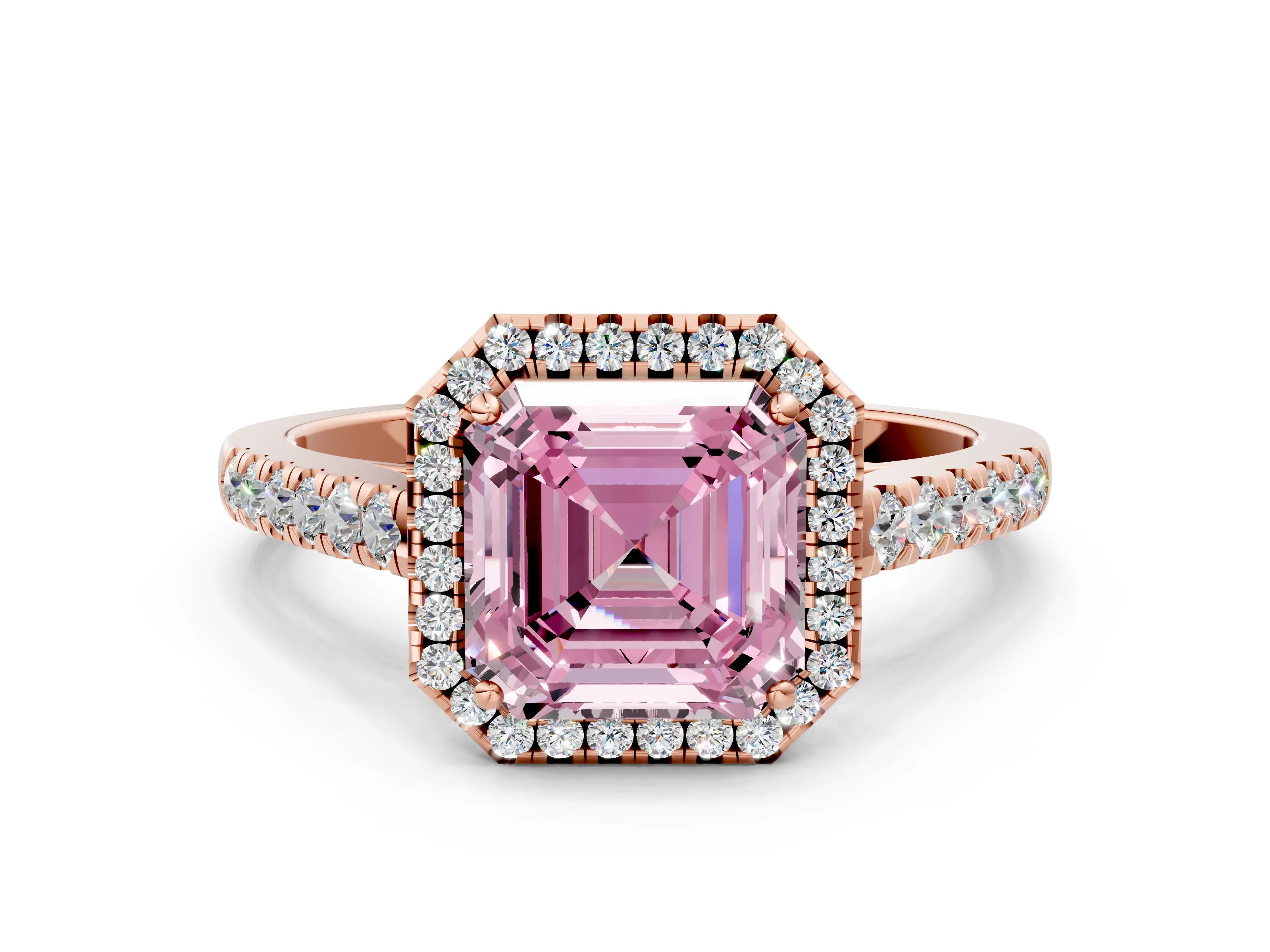 Rose gold Fancy Pink Asscher Cut Halo Pave Diamond Engagement Ring with Four-Prong Setting