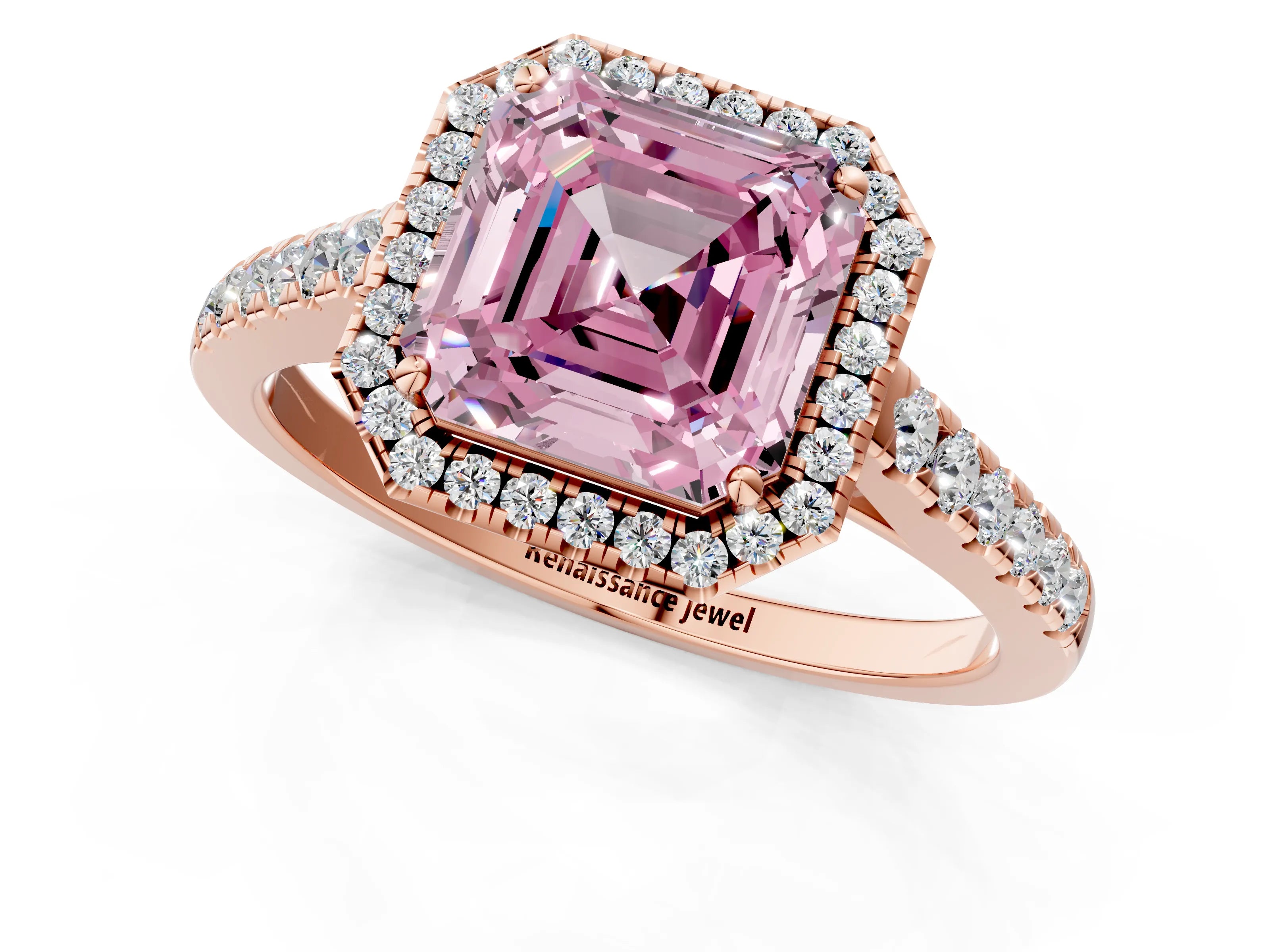 Rose gold Fancy Pink Asscher Cut Halo Pave Diamond Engagement Ring with Four-Prong Setting_1