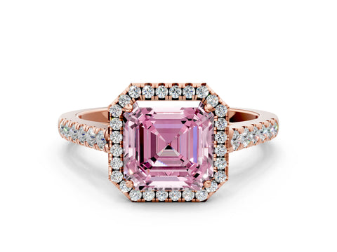 Rose gold Fancy Pink Asscher Cut Halo Pave Diamond Engagement Ring with Four-Prong Setting