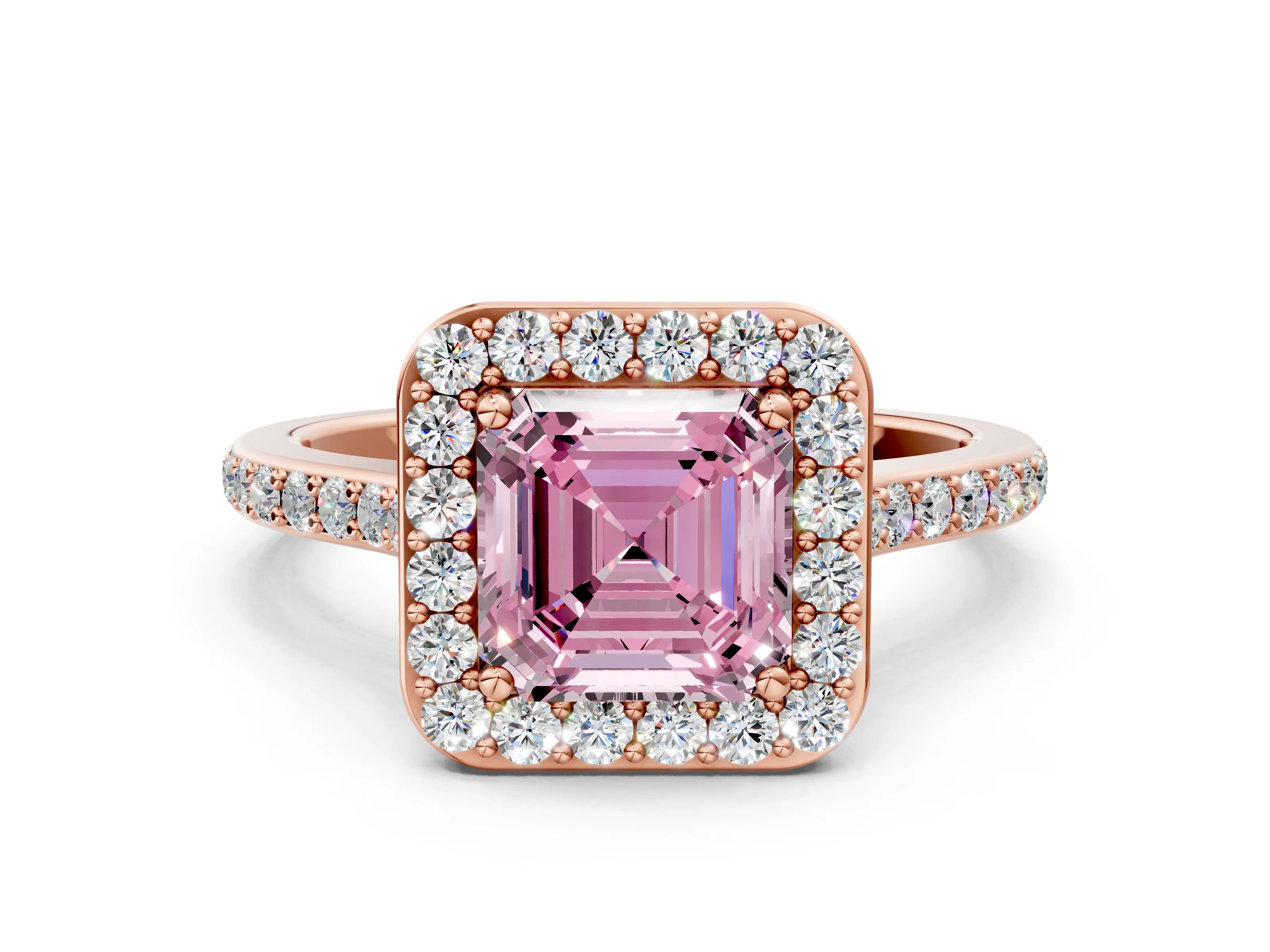 Rose gold Fancy Pink Asscher Cut Halo Round Diamond Pavé Band with Four-Prong Setting_3
