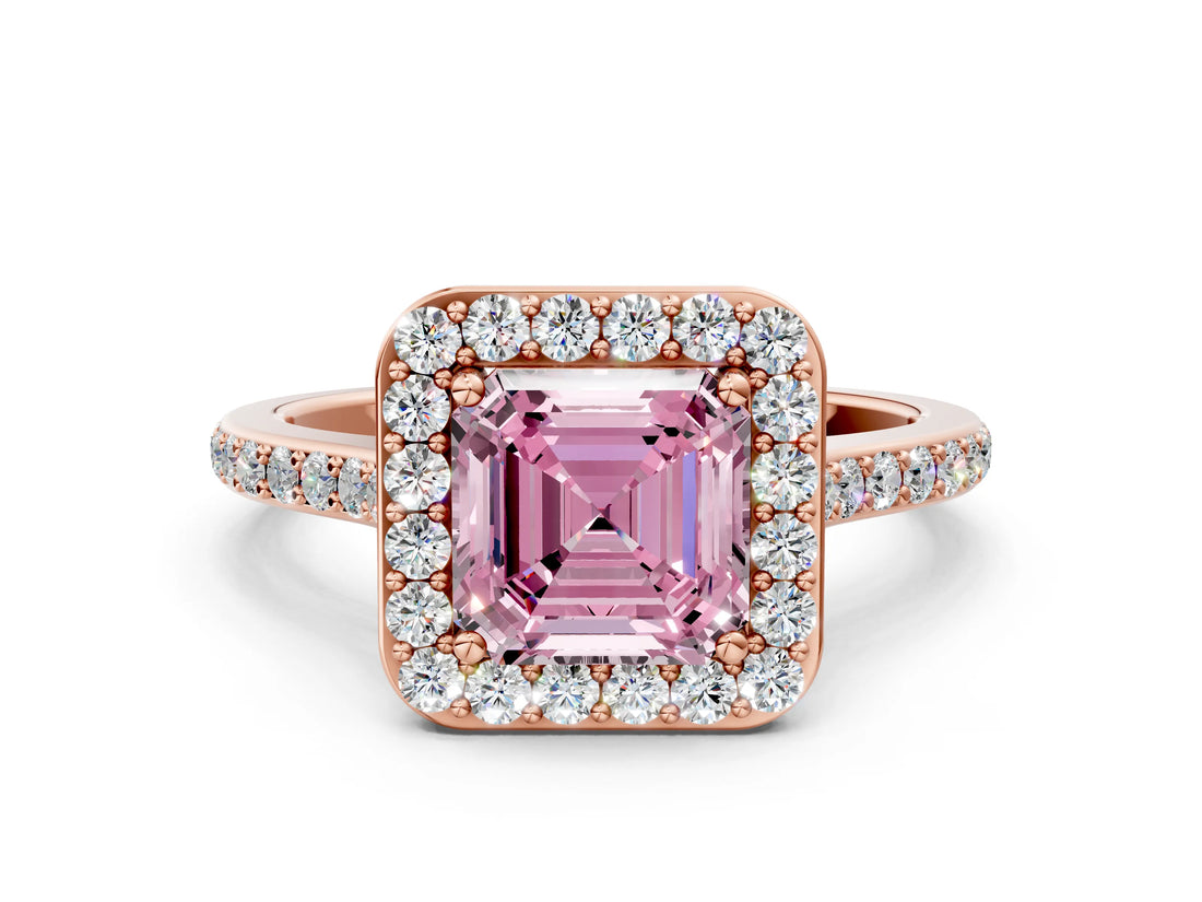 Rose gold Fancy Pink Asscher Cut Halo Round Diamond Pavé Band with Four-Prong Setting_3