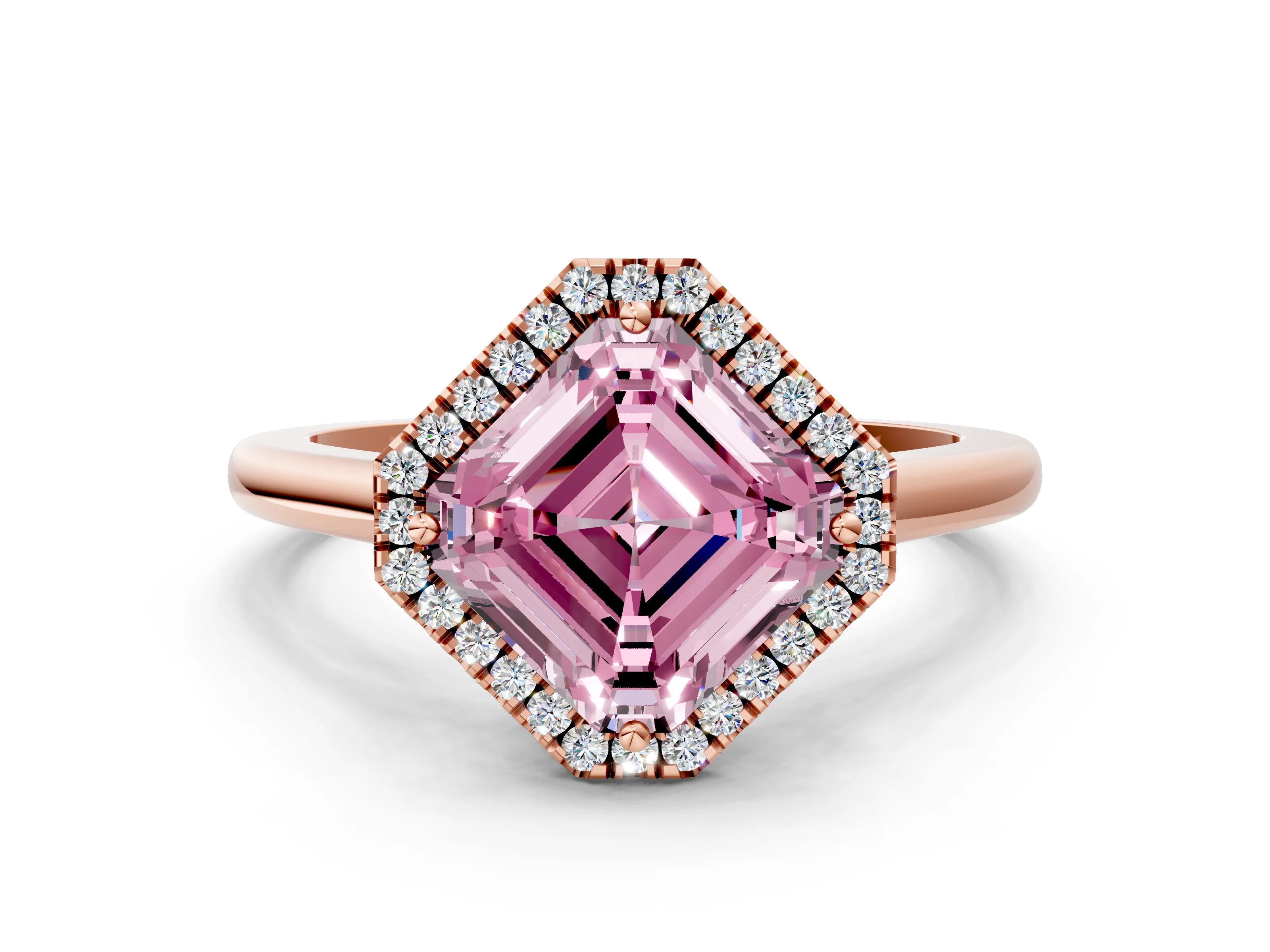 Rose gold Fancy Pink Asscher Cut Halo Round Diamond Solitaire Engagement Ring with Pave Band and Four-Prong Setting_12