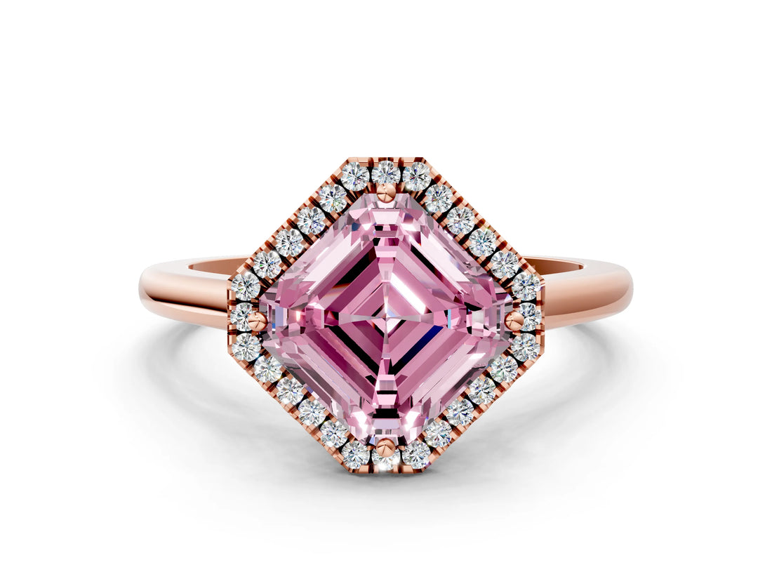 Rose gold Fancy Pink Asscher Cut Halo Round Diamond Solitaire Engagement Ring with Pave Band and Four-Prong Setting_12
