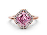 Rose gold Fancy Pink Asscher Cut Halo Round Diamond Solitaire Engagement Ring with Pave Band and Four-Prong Setting_12