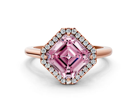Rose gold Fancy Pink Asscher Cut Halo Round Diamond Solitaire Engagement Ring with Pave Band and Four-Prong Setting_12