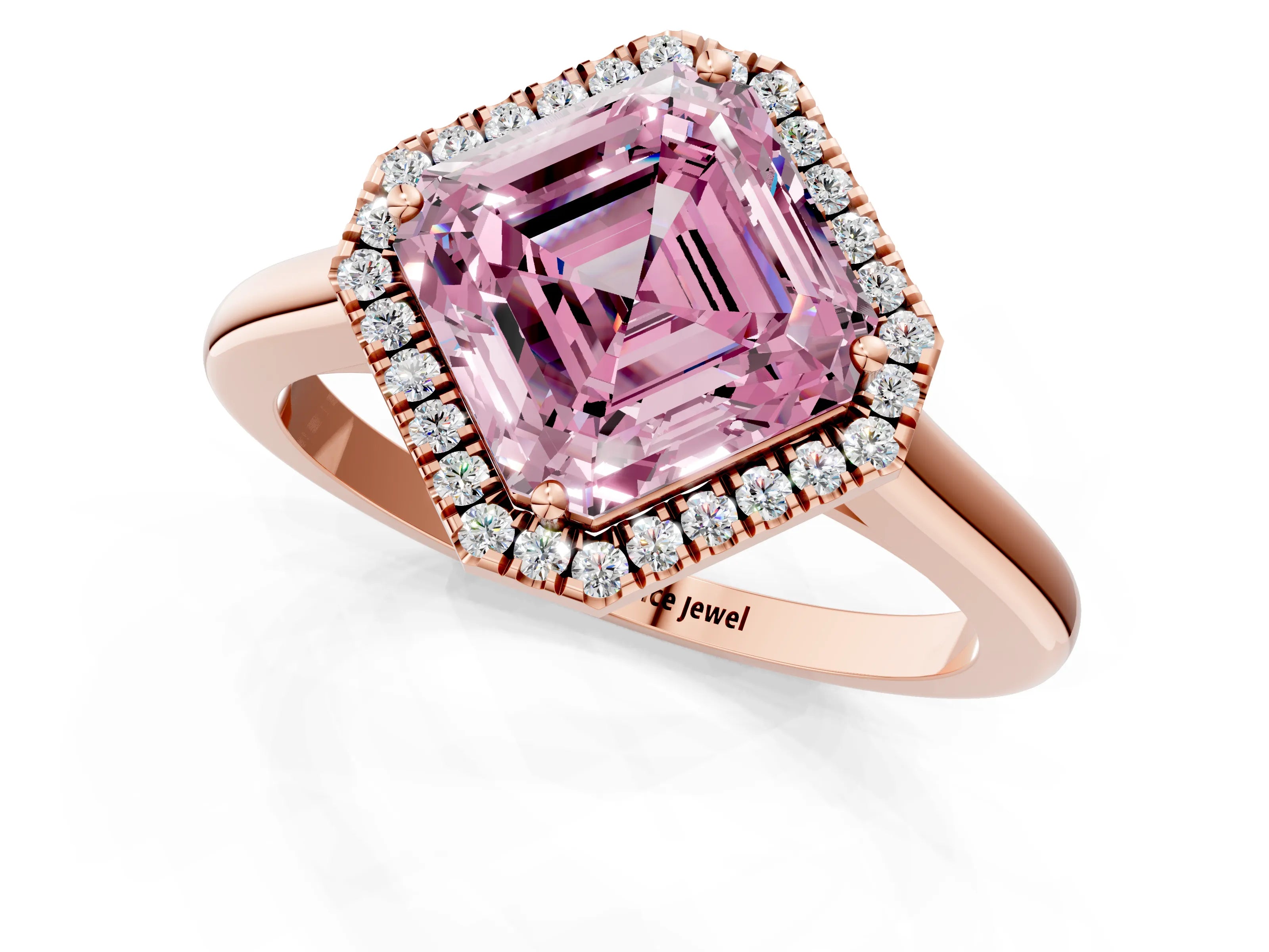 Rose gold Fancy Pink Asscher Cut Halo Round Diamond Solitaire Engagement Ring with Pave Band and Four-Prong Setting_13