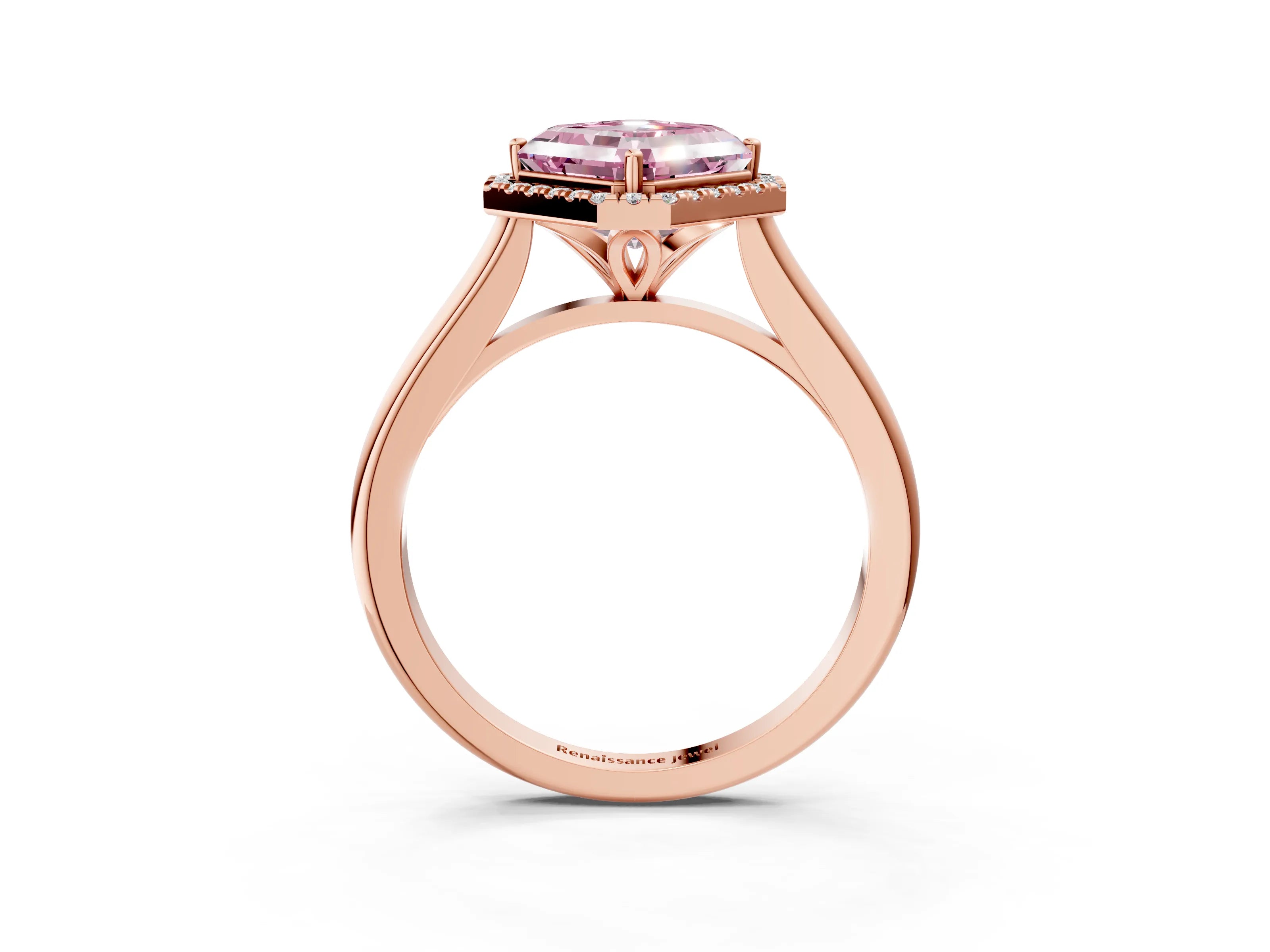Rose gold Fancy Pink Asscher Cut Halo Round Diamond Solitaire Engagement Ring with Pave Band and Four-Prong Setting_15