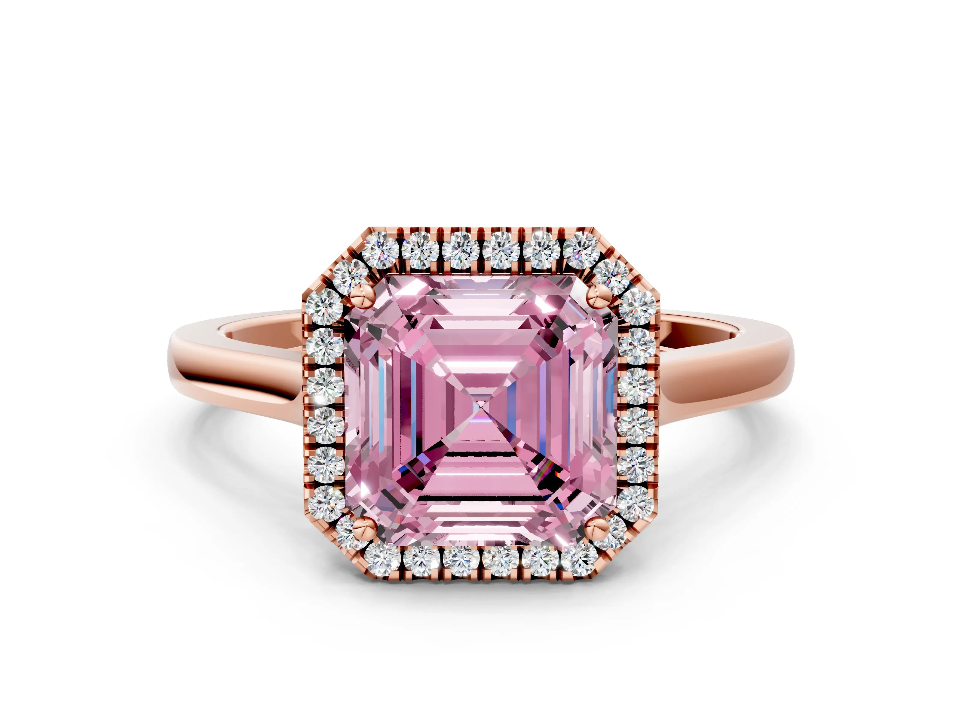 Rose gold Fancy Pink Asscher Cut Halo Round Diamond Solitaire Ring with Pavé Band and Four-Prong Setting