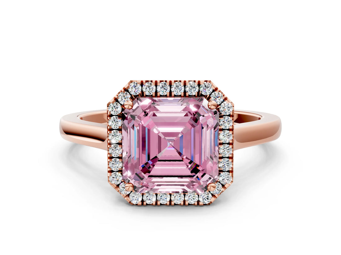 Rose gold Fancy Pink Asscher Cut Halo Round Diamond Solitaire Ring with Pavé Band and Four-Prong Setting