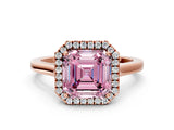 Rose gold Fancy Pink Asscher Cut Halo Round Diamond Solitaire Ring with Pavé Band and Four-Prong Setting