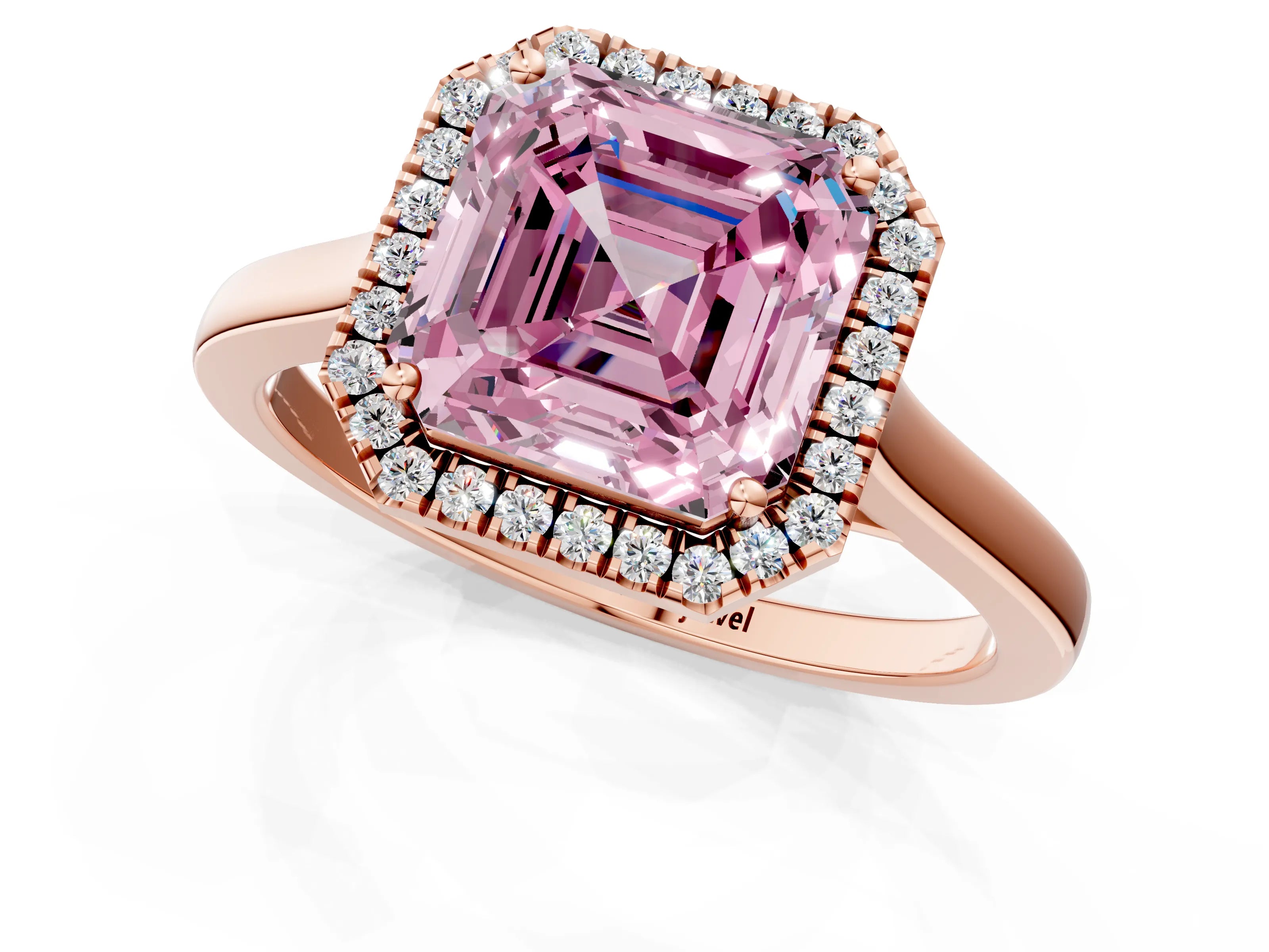 Rose gold Fancy Pink Asscher Cut Halo Round Diamond Solitaire Ring with Pavé Band and Four-Prong Setting_1
