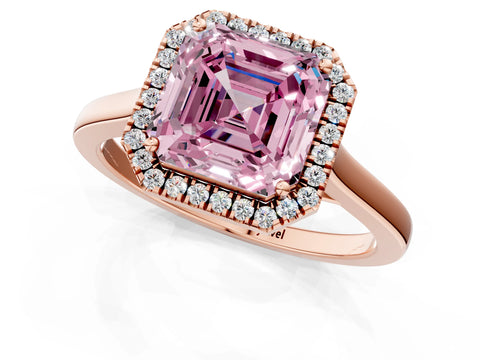 Rose gold Fancy Pink Asscher Cut Halo Round Diamond Solitaire Ring with Pavé Band and Four-Prong Setting_1