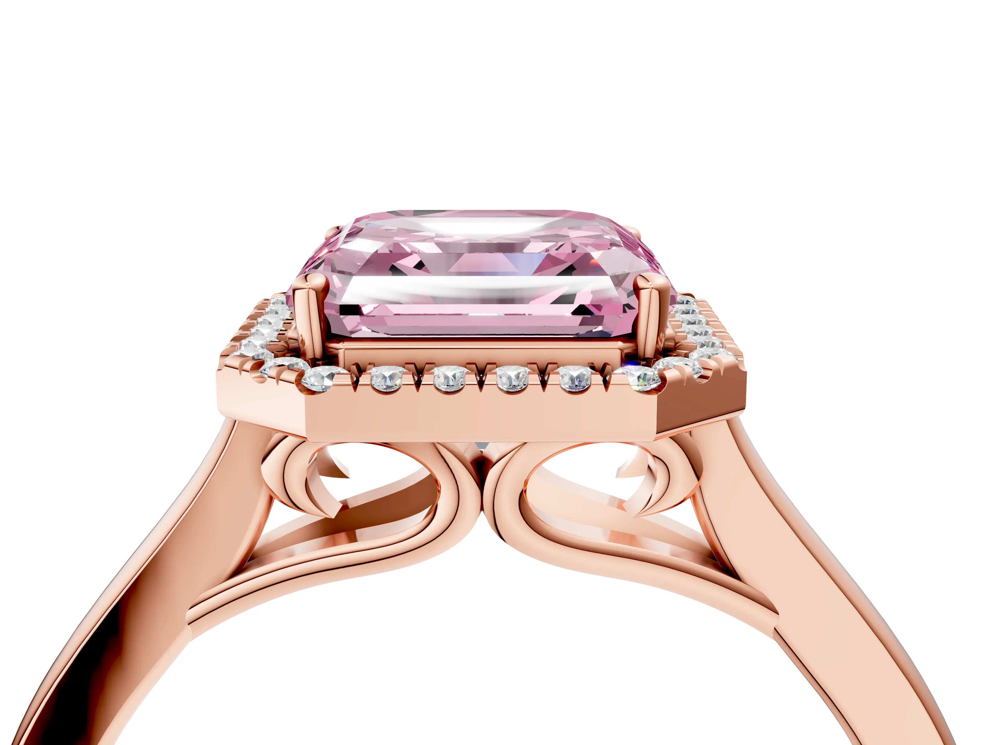 Rose gold Fancy Pink Asscher Cut Halo Round Diamond Solitaire Ring with Pavé Band and Four-Prong Setting_4