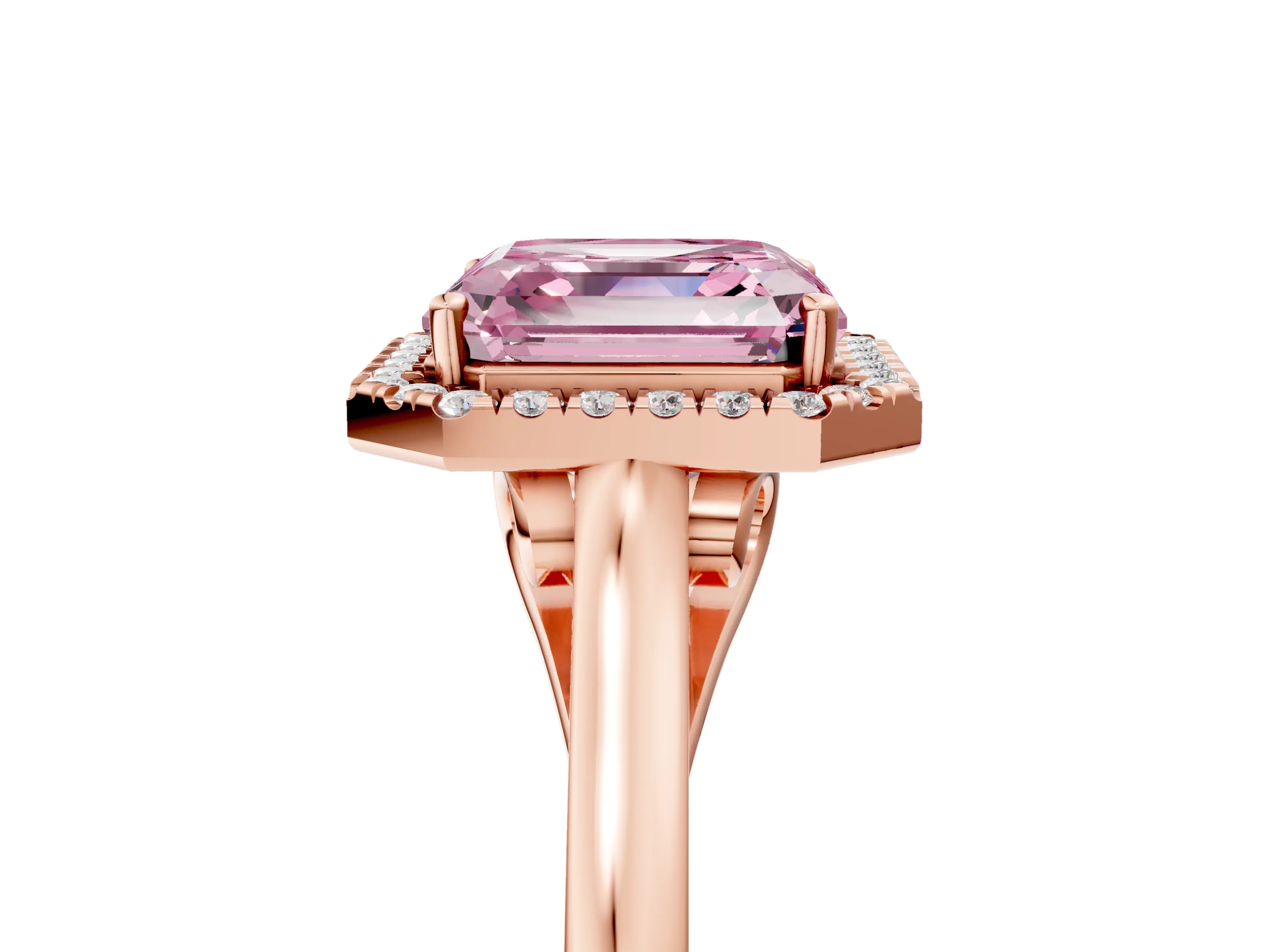 Rose gold Fancy Pink Asscher Cut Halo Round Diamond Solitaire Ring with Pavé Band and Four-Prong Setting_5