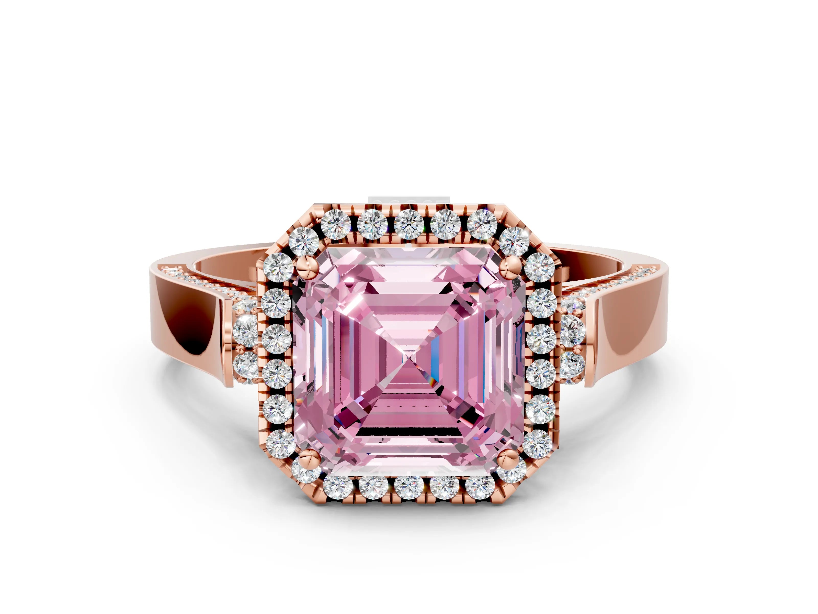 Rose gold Fancy Pink Asscher Cut Halo Round Diamond Twist Band with Four-Prong Setting