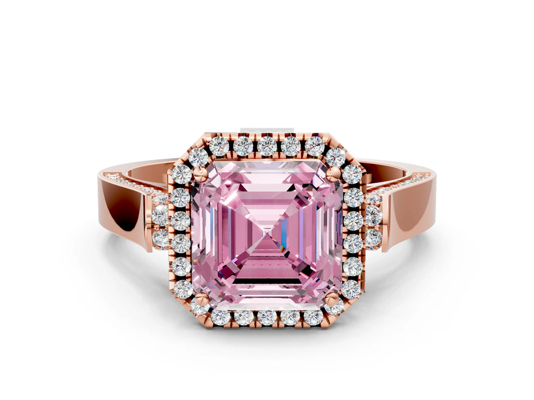 Rose gold Fancy Pink Asscher Cut Halo Round Diamond Twist Band with Four-Prong Setting