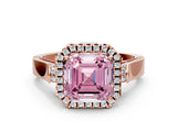 Rose gold Fancy Pink Asscher Cut Halo Round Diamond Twist Band with Four-Prong Setting