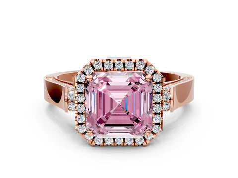 Rose gold Fancy Pink Asscher Cut Halo Round Diamond Twist Band with Four-Prong Setting