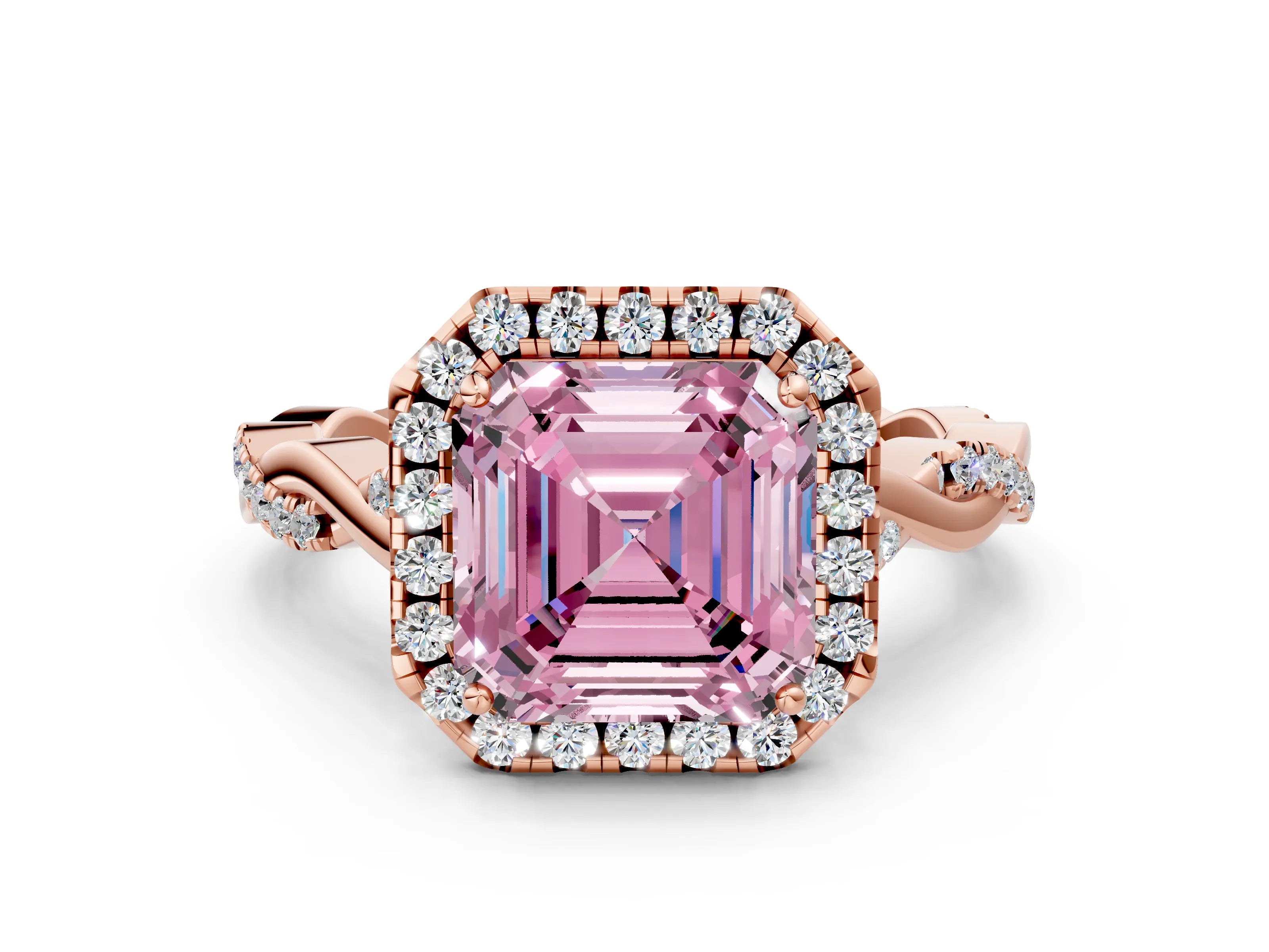 Rose gold Fancy Pink Asscher Cut Halo Twist Band with Four-Prong Setting