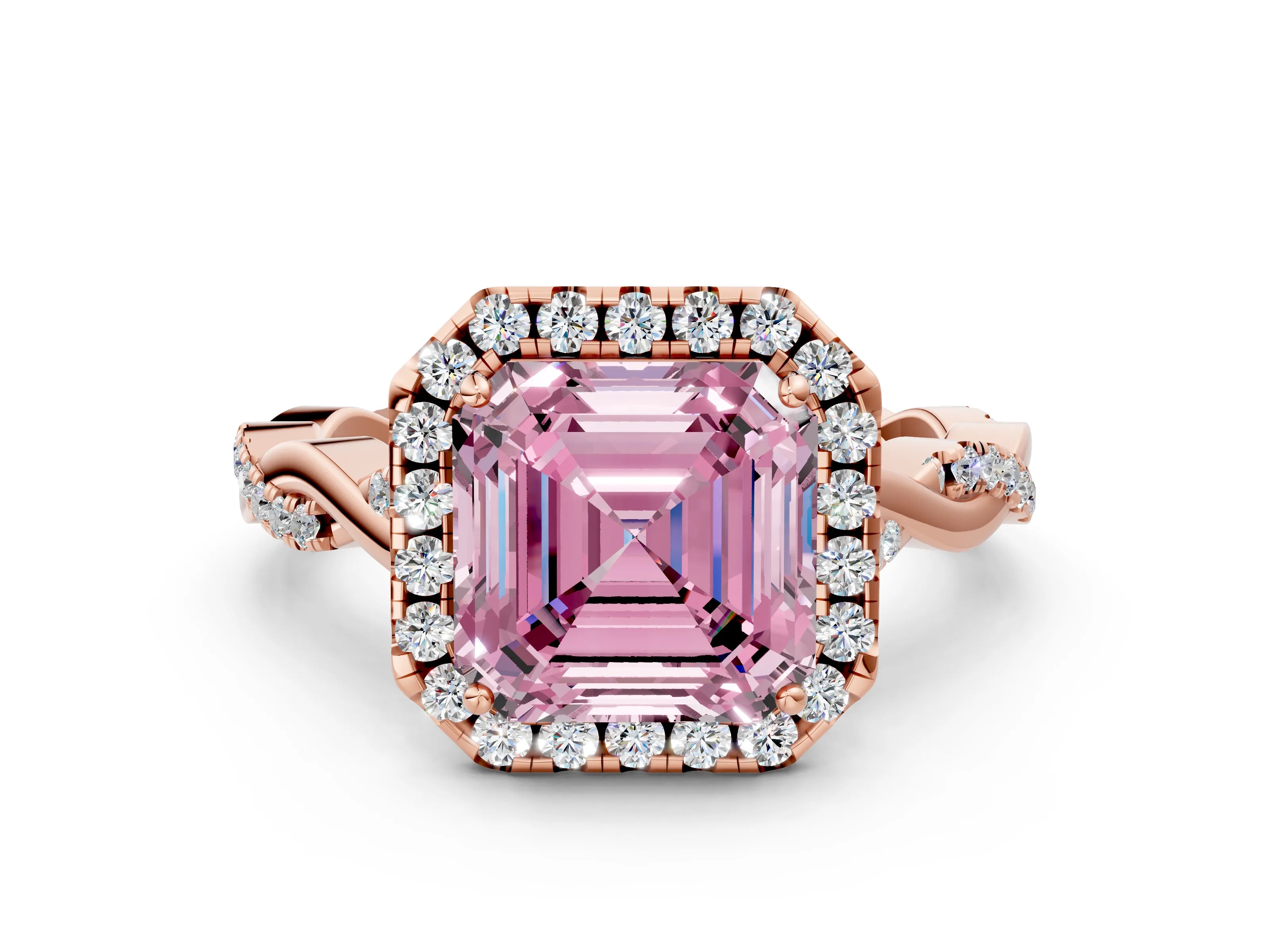 Rose gold Fancy Pink Asscher Cut Halo Twist Band with Four-Prong Setting_12