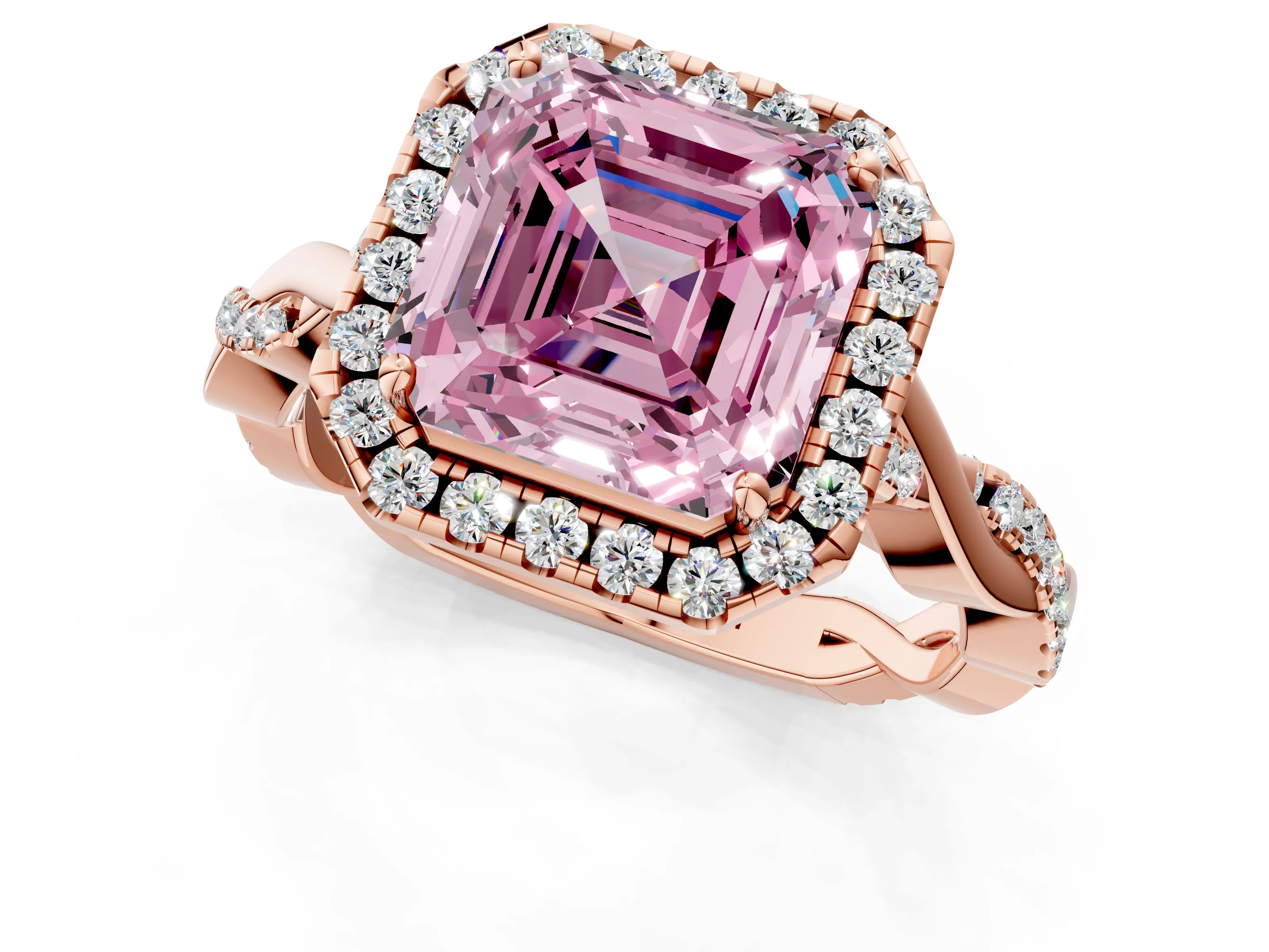 Rose gold Fancy Pink Asscher Cut Halo Twist Band with Four-Prong Setting_13