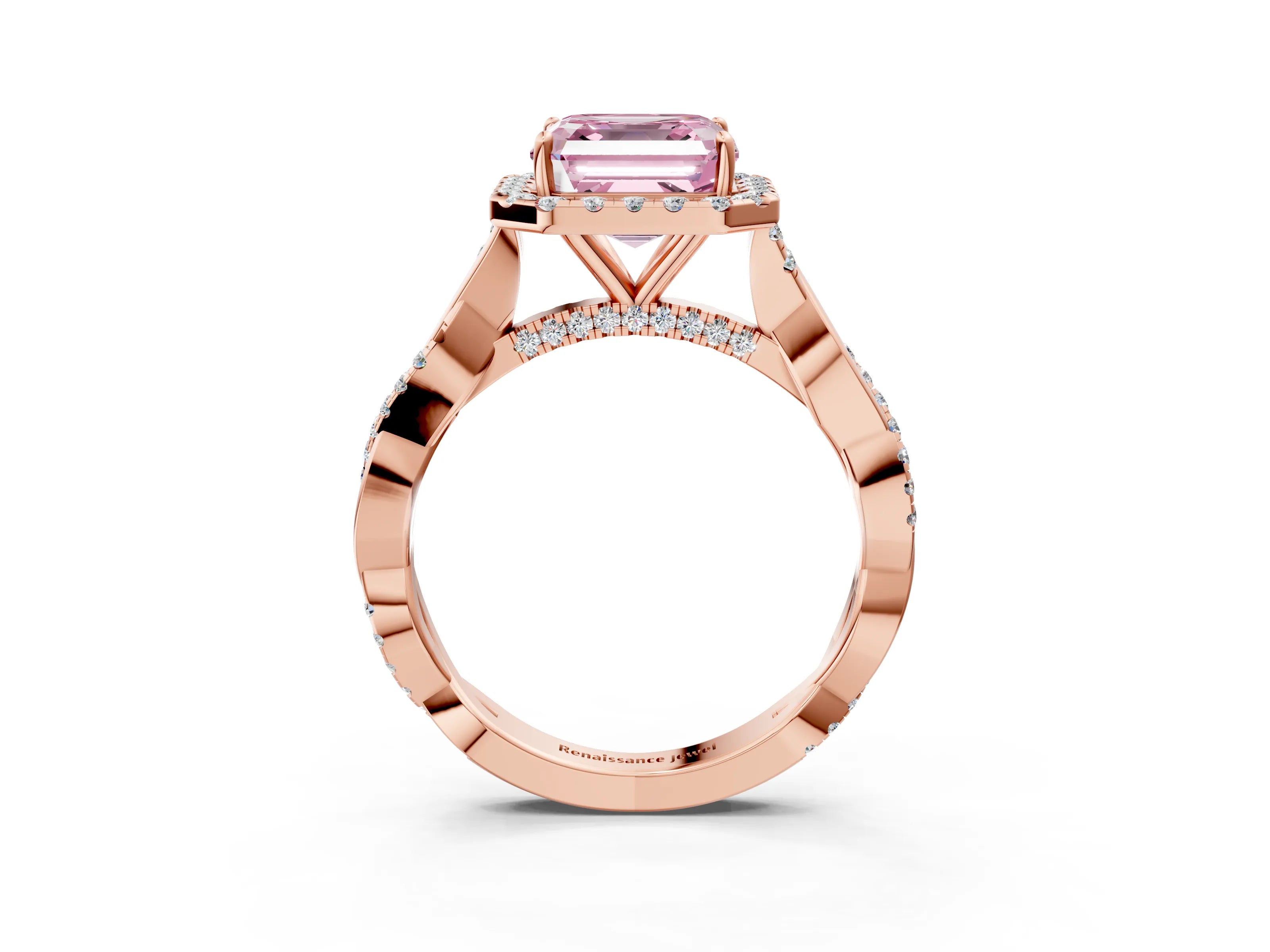 Rose gold Fancy Pink Asscher Cut Halo Twist Band with Four-Prong Setting_15