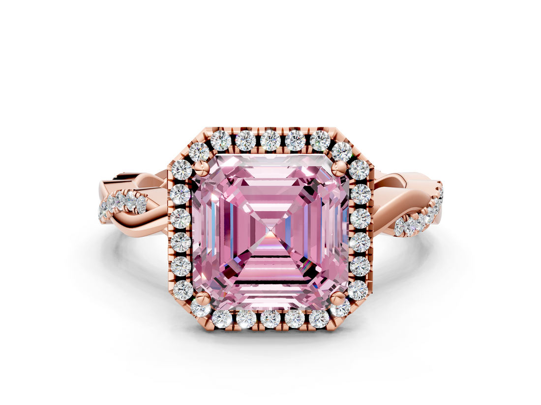 Rose gold Fancy Pink Asscher  Cut Halo Twisted Band Four-Prong Ring