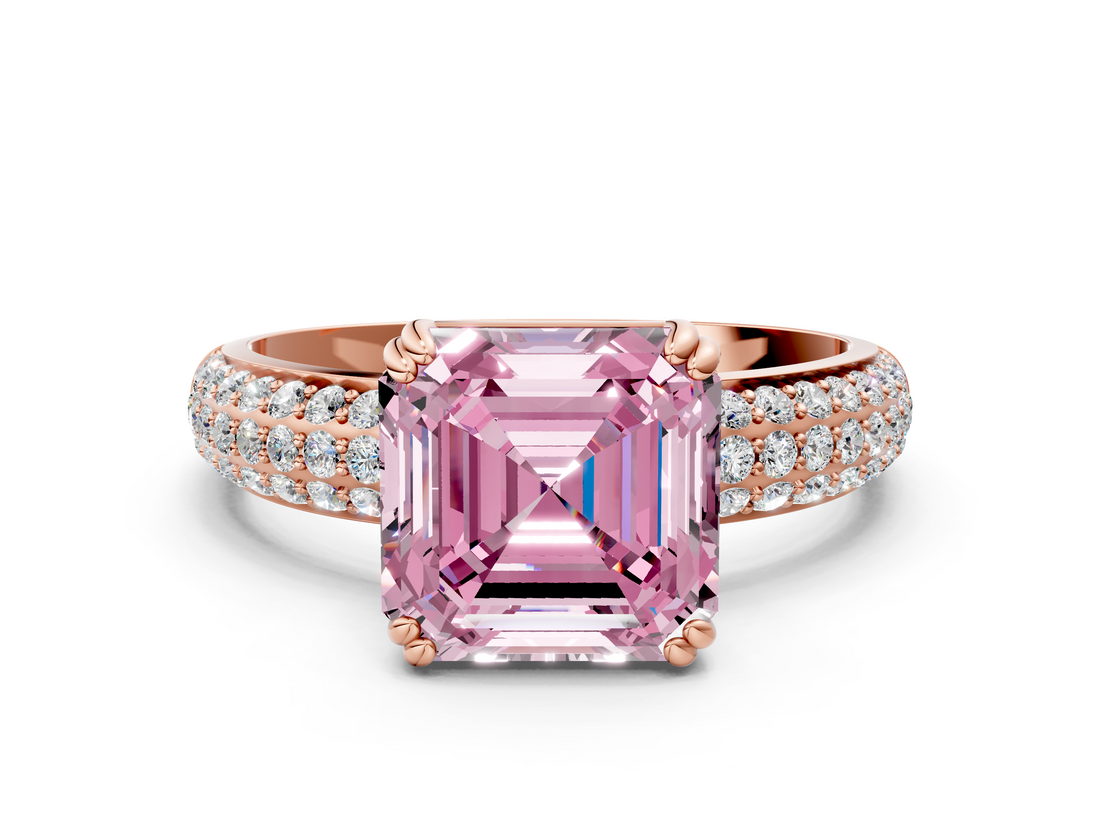 Rose gold Fancy Pink Asscher  Cut Pave Diamond Engagement Ring with Channel Set Band and Four-Prong Setting