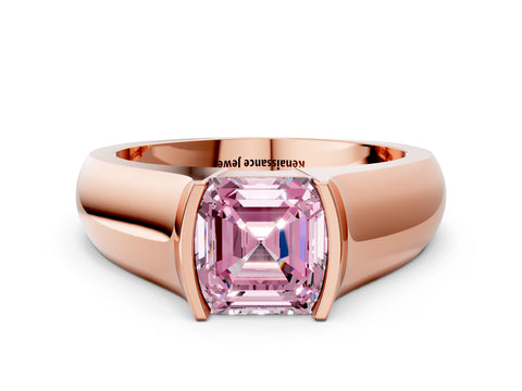 Rose gold Fancy Pink Asscher Cut Solitaire Bezel Set Diamond Ring with Wide Band