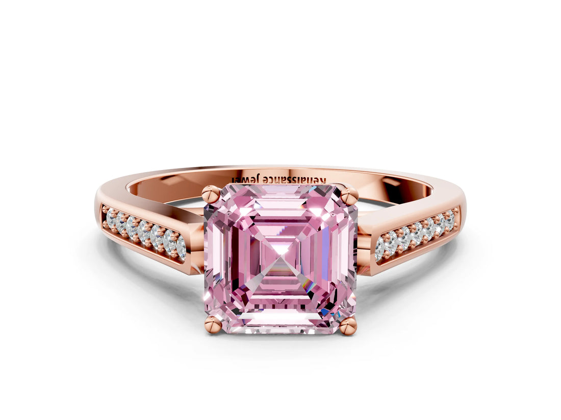 Rose gold Fancy Pink Asscher Cut Solitaire Cathedral Diamond Engagement Ring with Channel-Set Band and Four-Prong Setting_3