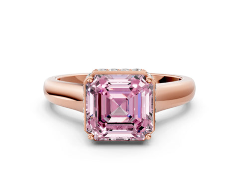 Rose gold Fancy Pink Asscher Cut Solitaire Diamond Engagement Ring with Four-Prong Setting and Tapered Band