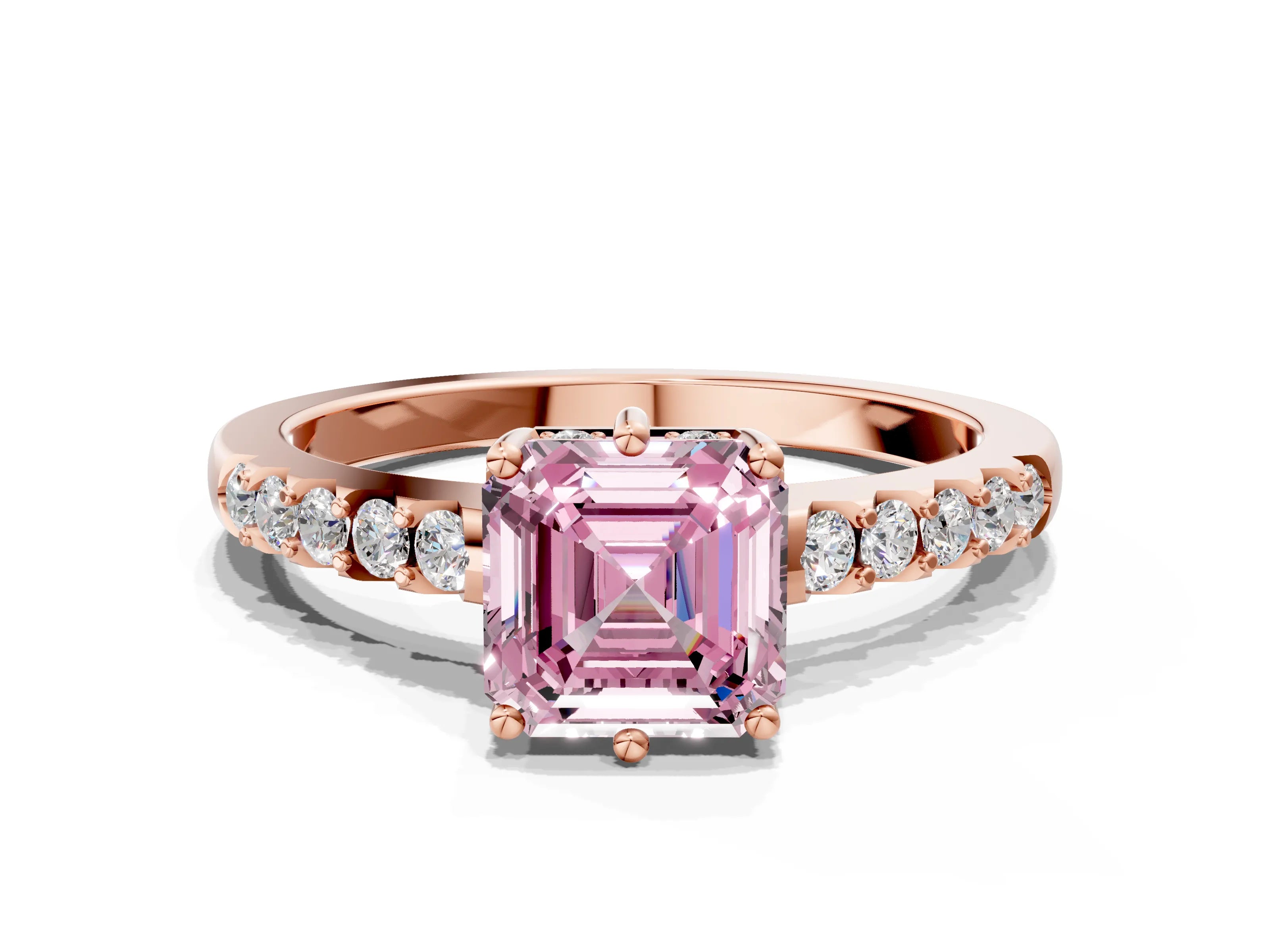 Rose gold Fancy Pink Asscher Cut Solitaire Diamond Engagement Ring with Pavé Band and Six-Prong Setting